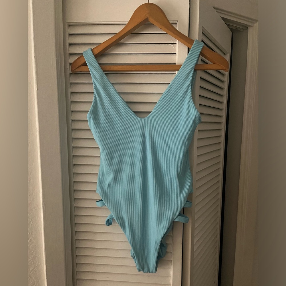 Becca by Rebecca Virtue Fine Line Rib Sophie sky blue ribbed one piece swimsuit